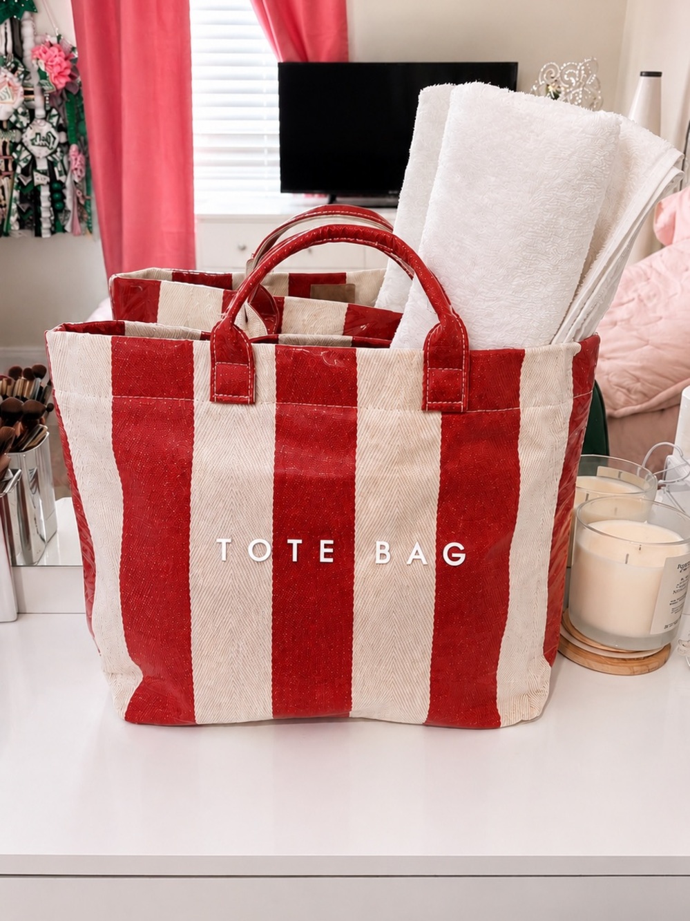 Coastal Red & Cream Striped Canvas Tote Bag w/ matching makeup bag